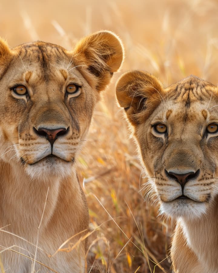 Two lionesses in dry grass